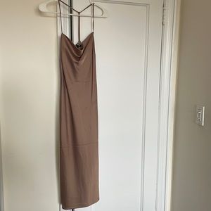 Express satin brown midi length slip dress, cowlneck womens size small WORN ONCE